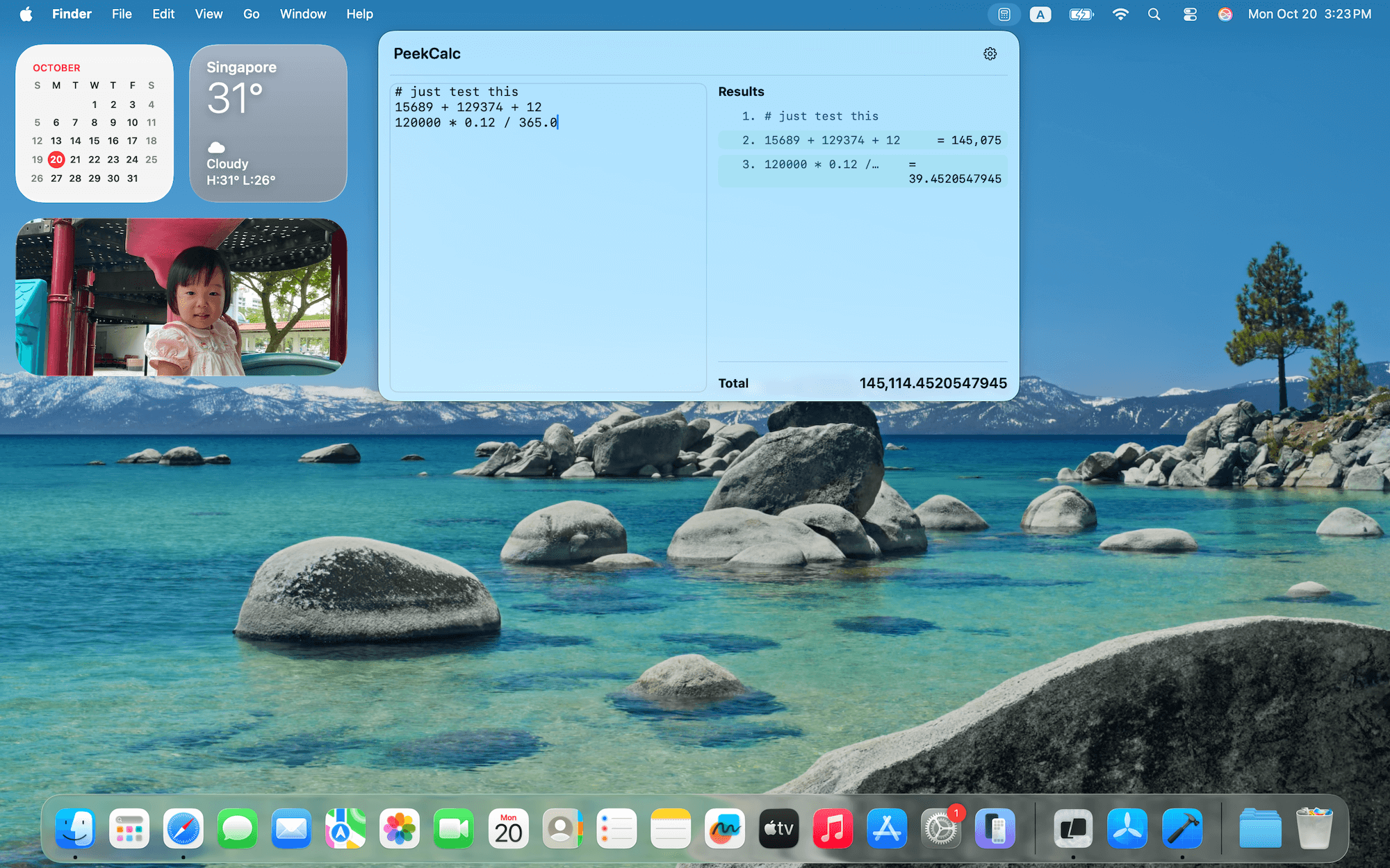 PeekCalc window floating above the macOS desktop