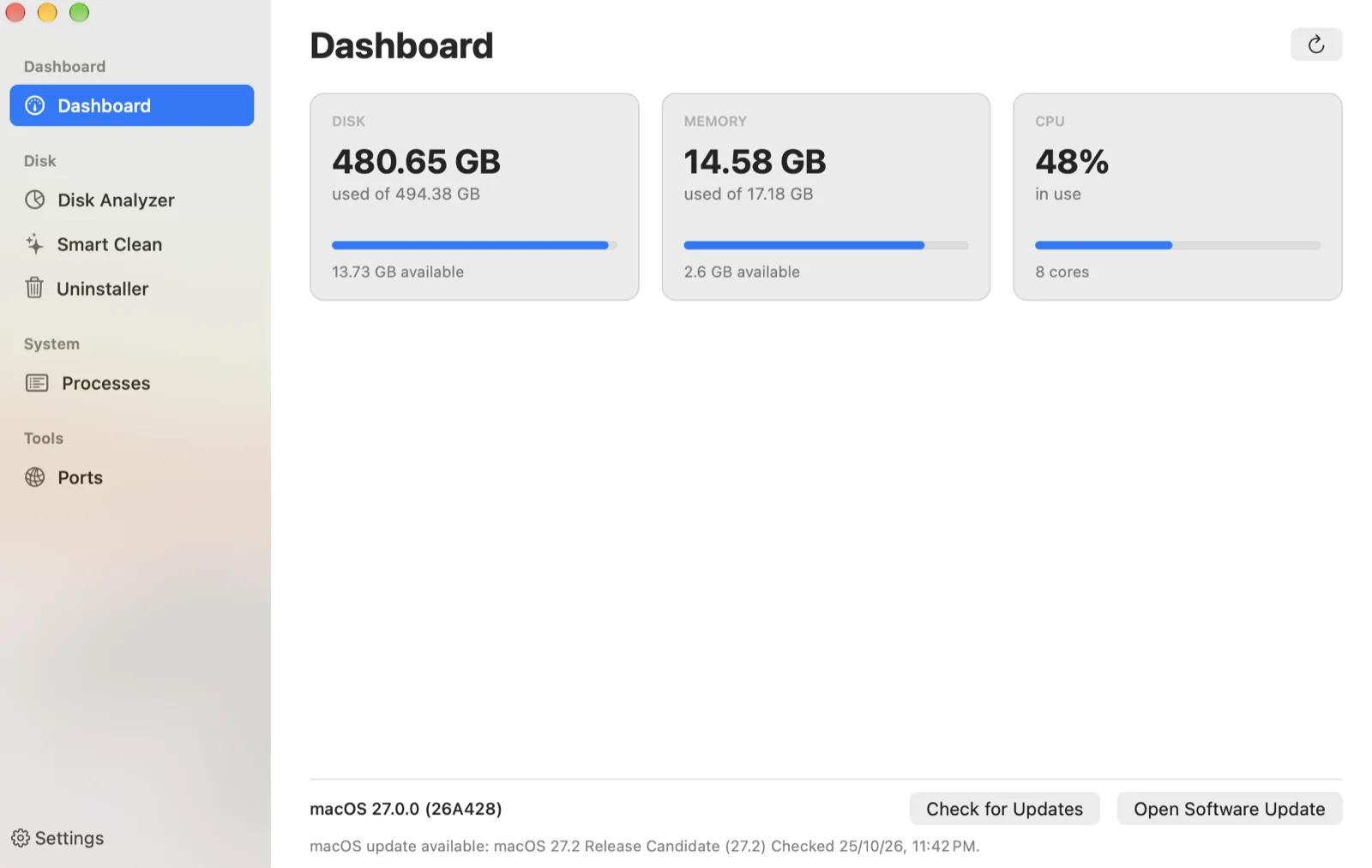 Deckhand Dashboard showing disk, memory, and CPU, plus a macOS update check