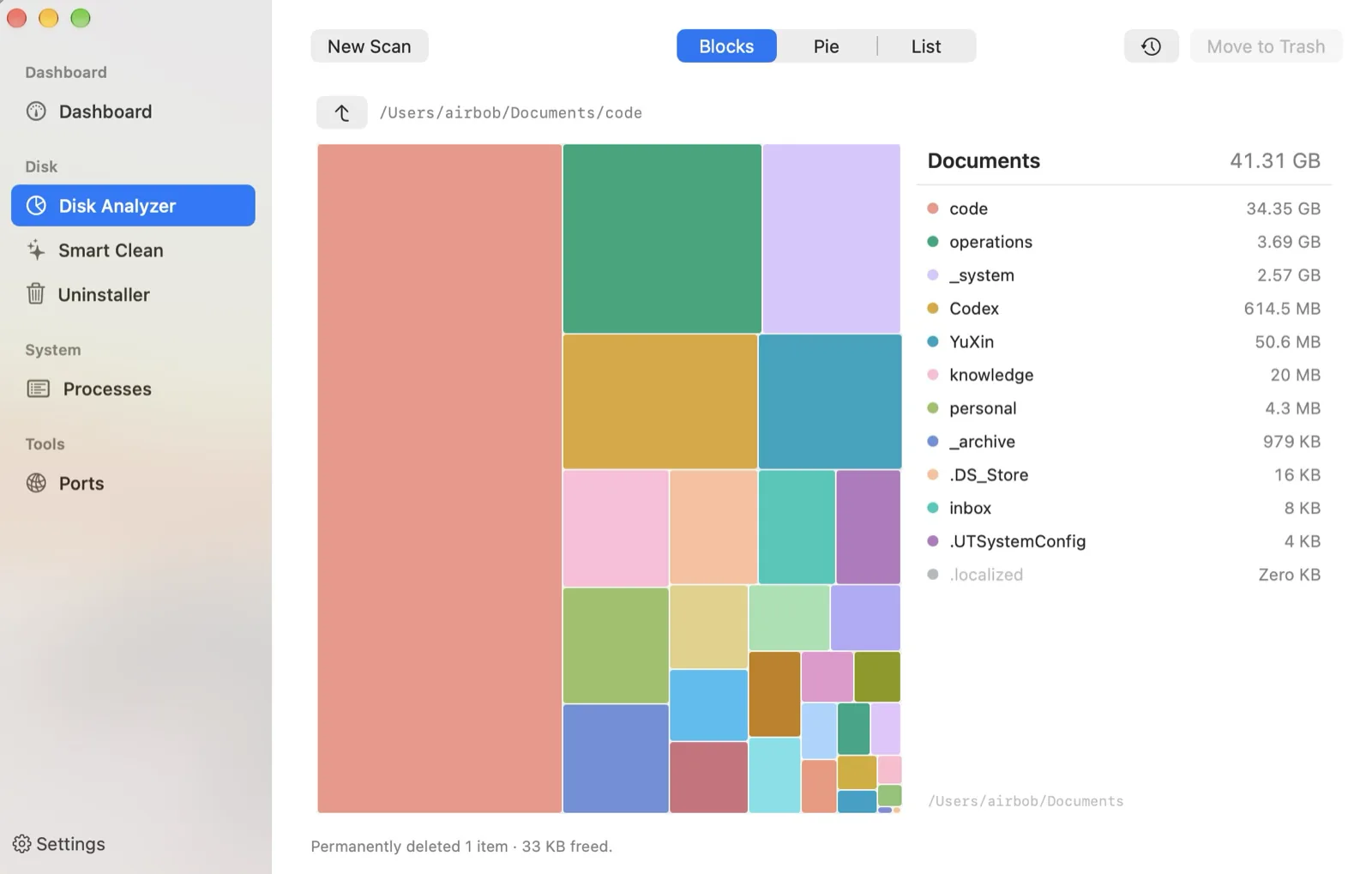 Disk Analyzer Blocks view of the Documents folder, with a color key listing each folder’s size