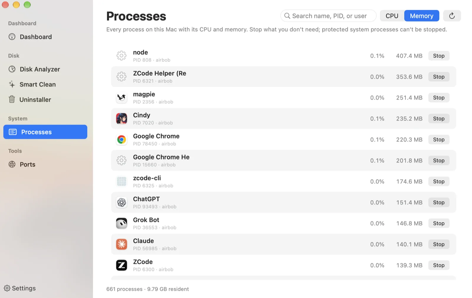 Processes view sorted by memory, listing the apps using the most RAM