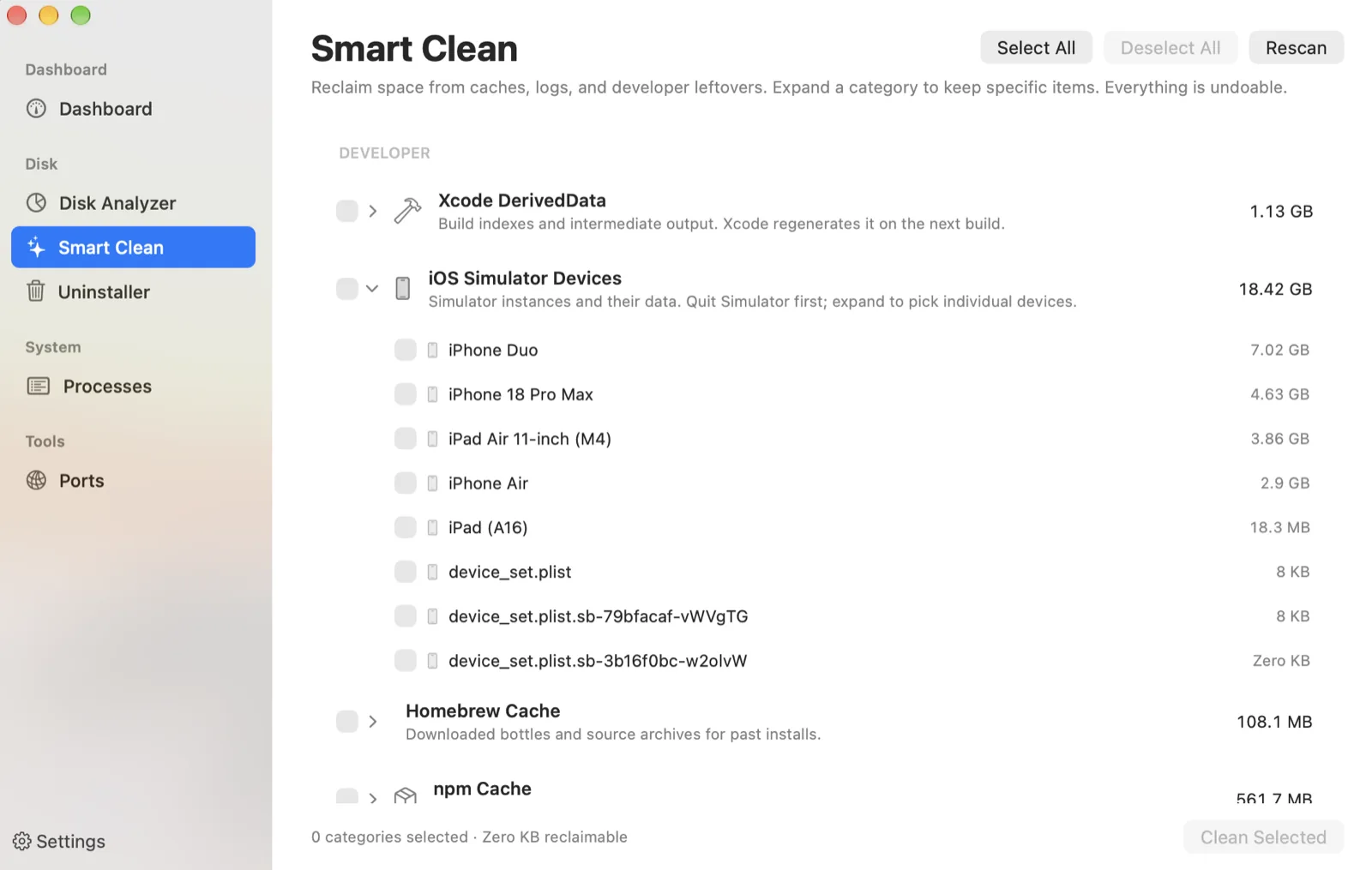 Smart Clean listing Xcode DerivedData, iOS Simulator devices, Homebrew cache, and npm cache
