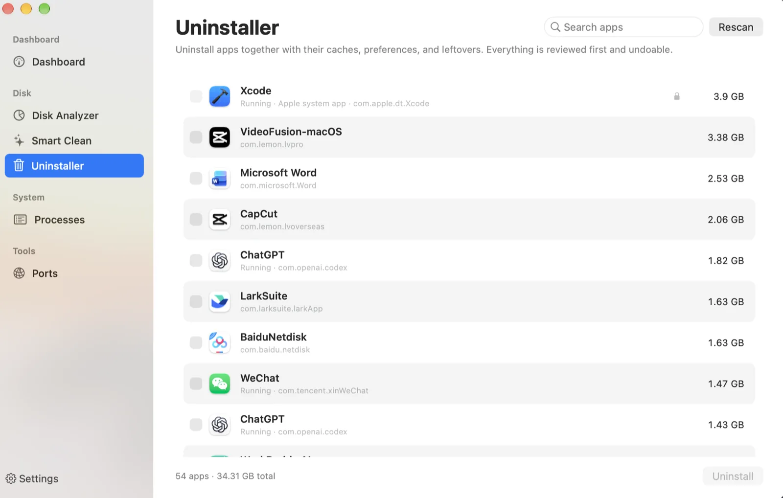 Uninstaller listing installed Mac apps with sizes, including Xcode, Word, and WeChat